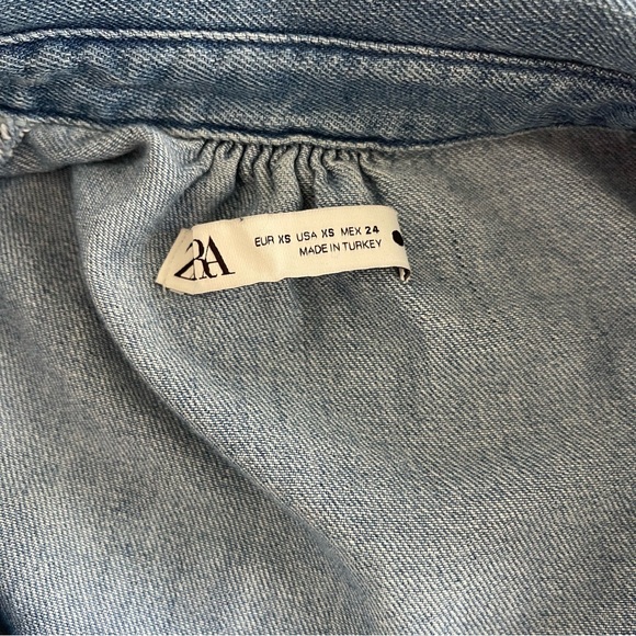 Zara Blue Denim Cotton Button Shirt Mini Dress Belted Balloon Sleeve Pockets XS - Picture 8 of 9